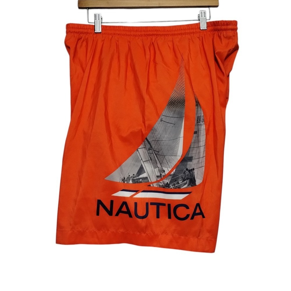 Vintage 90s Nautica Mens L Spell Out Big Sailboat Lined Shorts Swim Trunks
